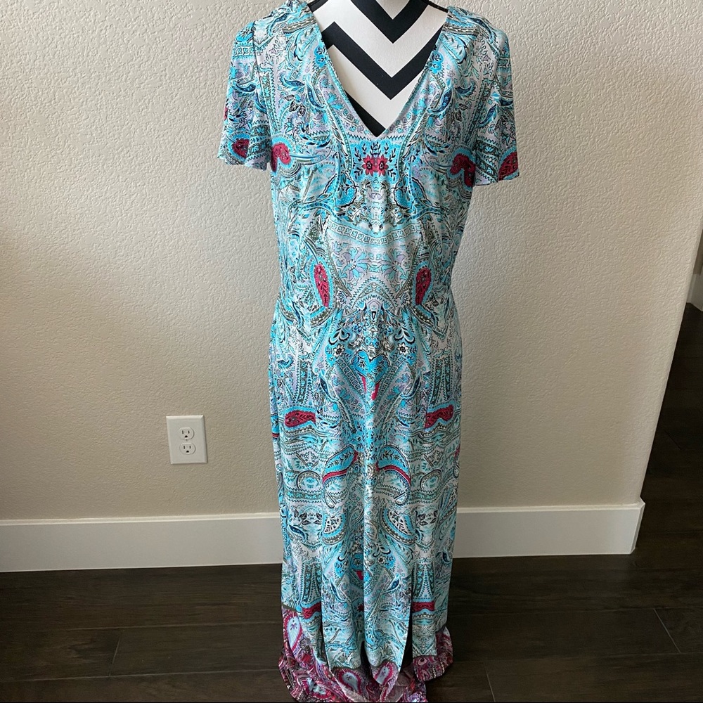 London Times || blue and pink flutter sleeve paisley V-neck maxi dress